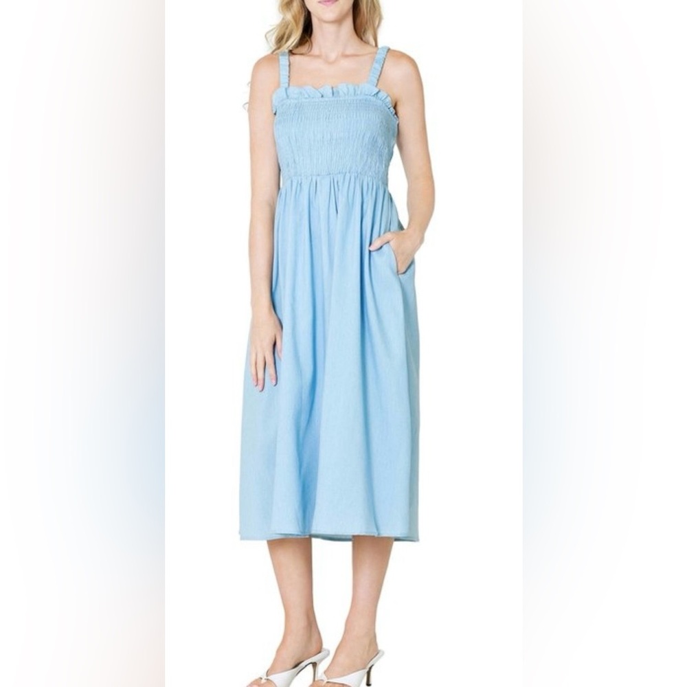 After Market midi blue chambray sundress with smocked top NWT - size M